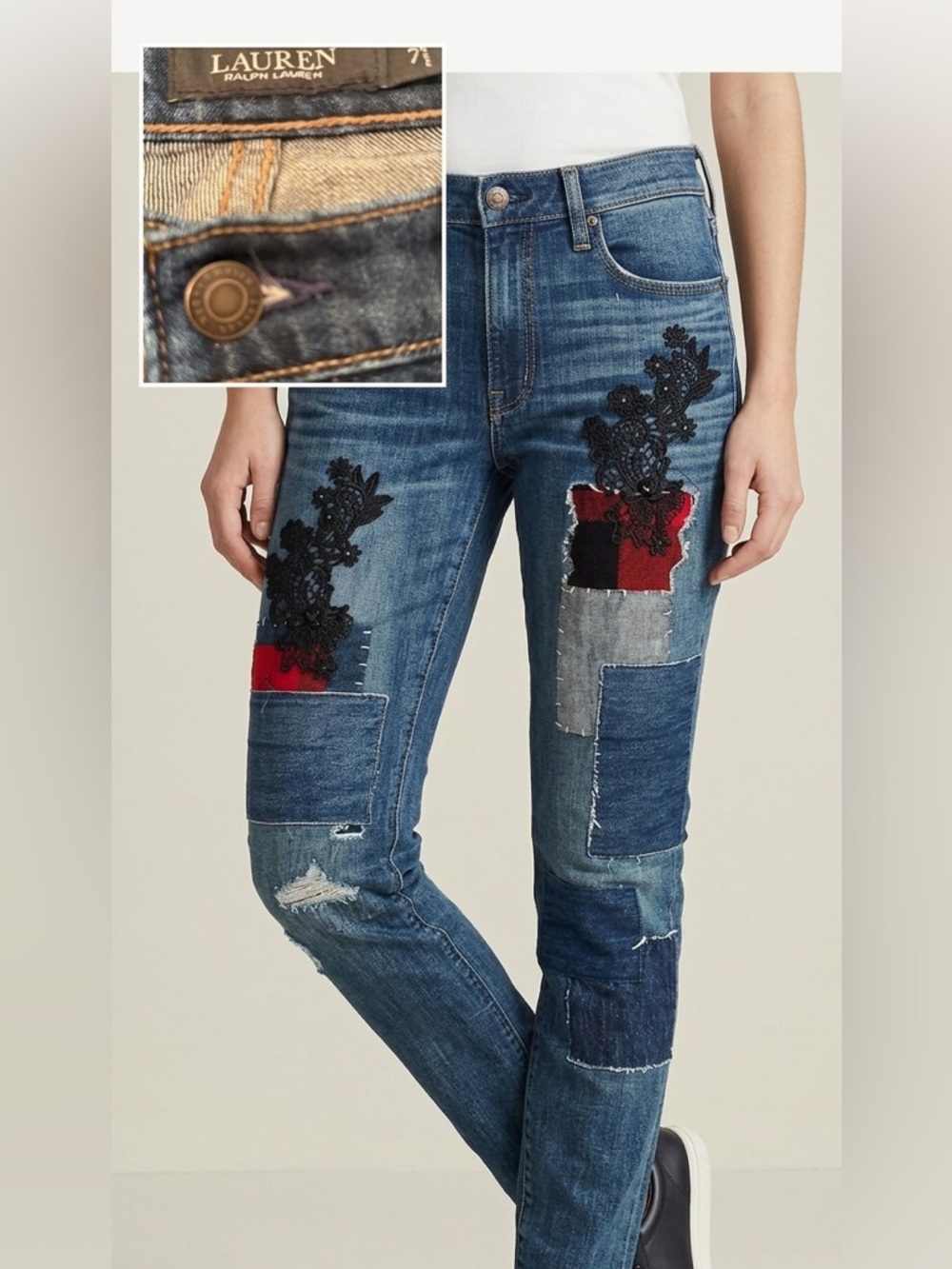 LAUREN Ralph Lauren Patchwork Straight Leg Jeans Size 6
